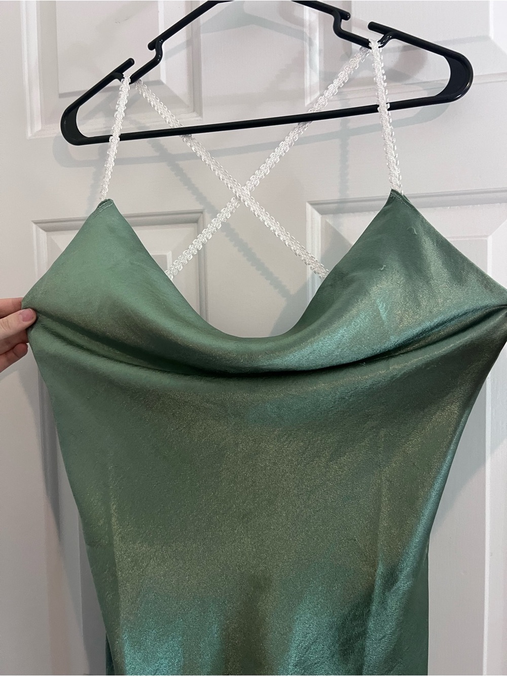 Double Zero Metallic Green Mini Dress with White Lace Straps